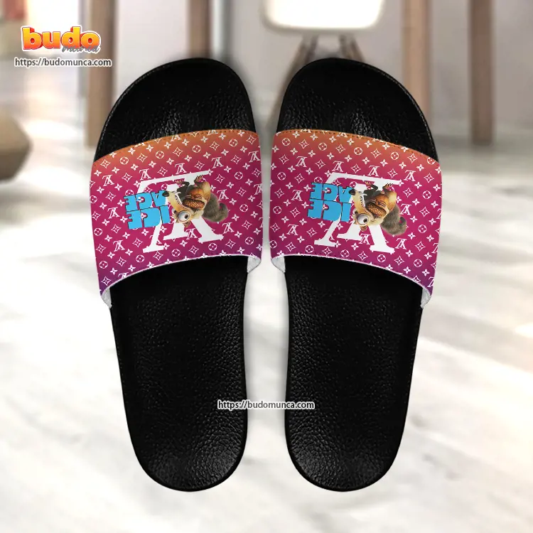 Slide sandals ice age scrat movie and louis vuitton gift unique slide sandals for man woman and kid